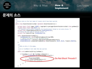 OPEN
SNS
Why & What ConclusionHow &
Implement
Do Not Block Threads!!
문제의 소스
Thread.sleep(10000);
 