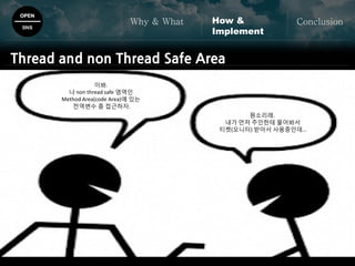 이봐.
나 non thread safe 영역인
Method Area(code Area)에 있는
전역변수 좀 접근하자.
뭔소리래.
내가 먼저 주인한테 물어봐서
티켓(모니터) 받아서 사용중인데…
OPEN
SNS
Why & What ConclusionHow &
Implement
Thread and non Thread Safe Area
 