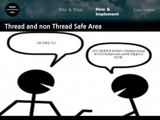 그럼 어쩌란 거니
내가 사용못하게 잠궈놨으니까(Object locking)
대기리스트(Object wait pool)에 이름올리고
대기해.
OPEN
SNS
Why & What ConclusionHow &
Implement
Thread and non Thread Safe Area
 