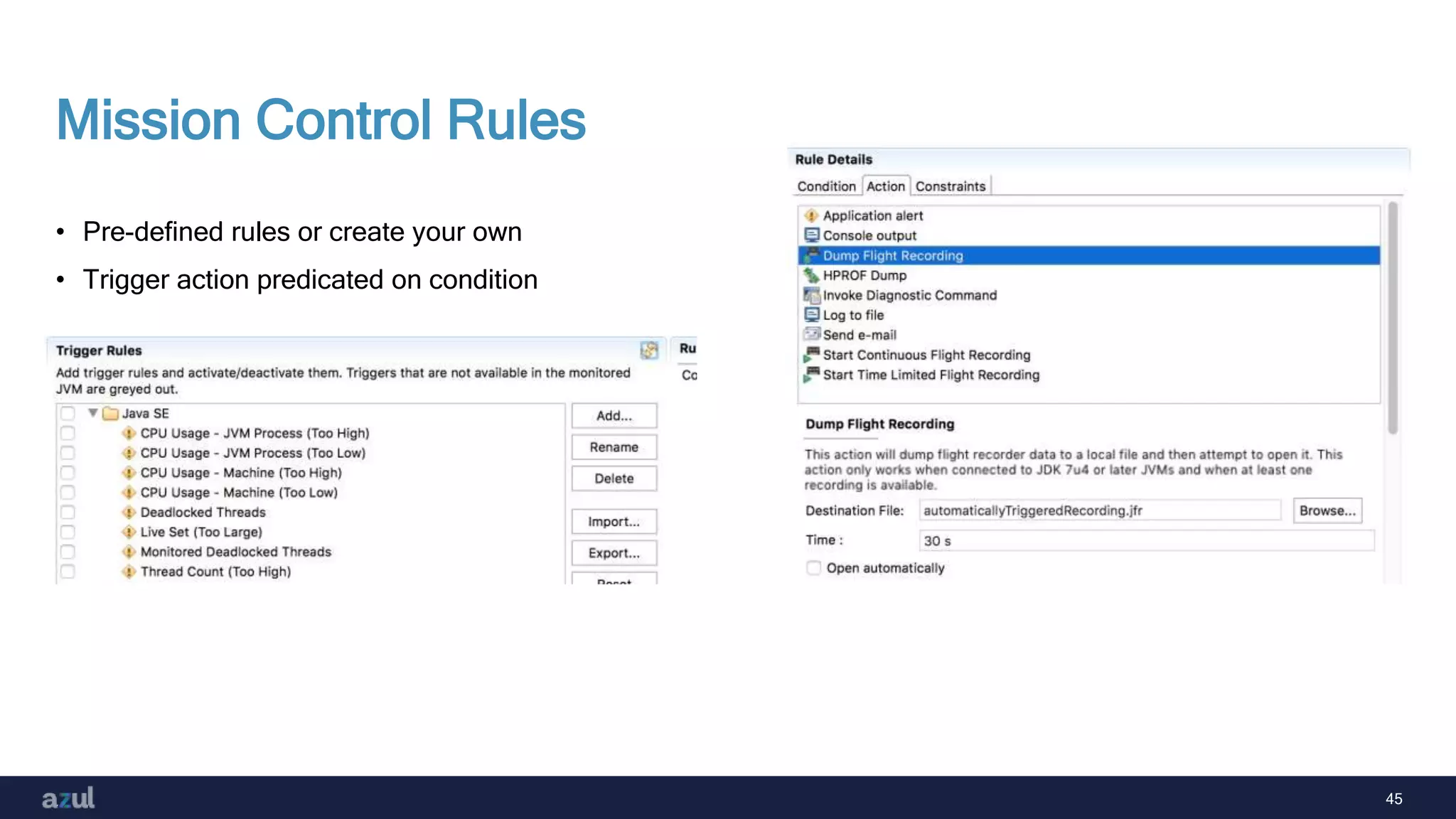 45
Mission Control Rules
• Pre-defined rules or create your own
• Trigger action predicated on condition
 