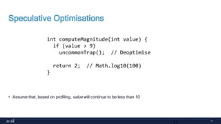 11
Speculative Optimisations
• Assume that, based on profiling, value will continue to be less than 10
11
int computeMagnitude(int value) {
if (value > 9)
uncommonTrap(); // Deoptimise
return 2; // Math.log10(100)
}
 