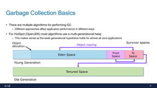 16
Garbage Collection Basics
• There are multiple algorithms for performing GC
o Different approaches affect application performance in different ways
• For HotSpot (OpenJDK) most algorithms use a multi-generational heap
o This makes sense as the weak generational hypothesis holds for almost all Java applications
Eden Space
From
Space
To
Space
Tenured Space
Young Generation
Old Generation
Object
allocation
Survivor spaces
Object copying
 