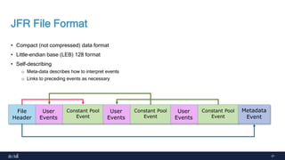 31
JFR File Format
• Compact (not compressed) data format
• Little-endian base (LEB) 128 format
• Self-describing
o Meta-data describes how to interpret events
o Links to preceding events as necessary
File
Header
User
Events
Constant Pool
Event
User
Events
Constant Pool
Event
User
Events
Constant Pool
Event
Metadata
Event
 