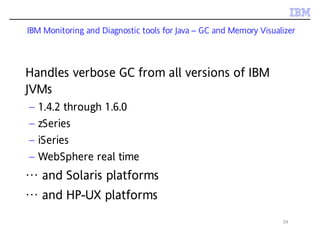 34
IBM Monitoring and Diagnostic tools for Java – GC and Memory Visualizer
Handles verbose GC from all versions of IBM
JVMs
– 1.4.2 through 1.6.0
– zSeries
– iSeries
– WebSphere real time
… and Solaris platforms
… and HP-UX platforms
 