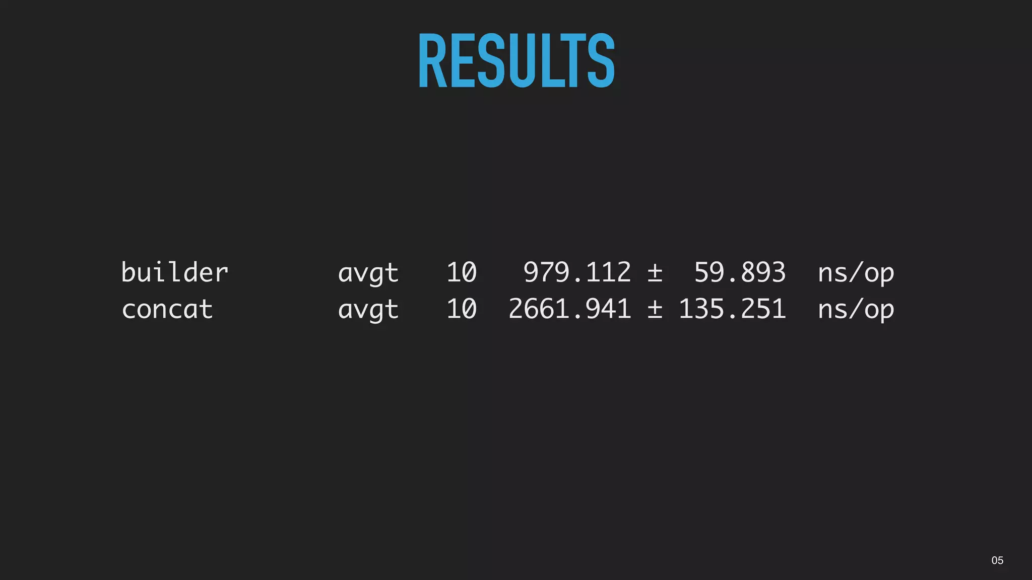 RESULTS
builder avgt 10 979.112 ± 59.893 ns/op
concat avgt 10 2661.941 ± 135.251 ns/op
05
 