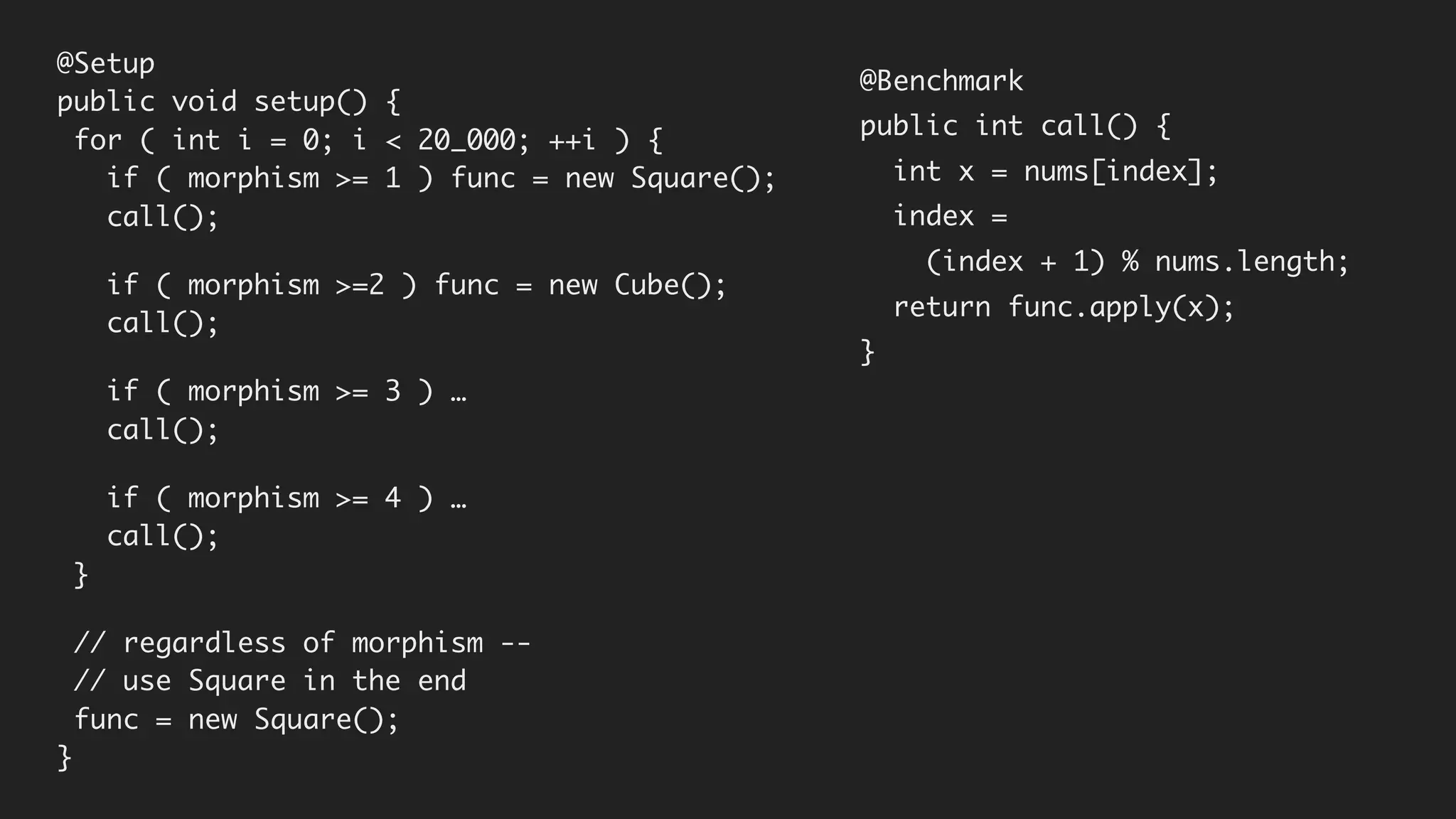 @Setup
public void setup() {
for ( int i = 0; i < 20_000; ++i ) {
if ( morphism >= 1 ) func = new Square();
call();
if ( morphism >=2 ) func = new Cube();
call();
if ( morphism >= 3 ) …
call();
if ( morphism >= 4 ) …
call();
}
// regardless of morphism --
// use Square in the end
func = new Square();
}
@Benchmark
public int call() {
int x = nums[index];
index =
(index + 1) % nums.length;
return func.apply(x);
}
 