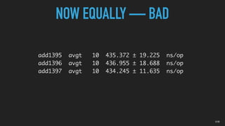 add1395 avgt 10 435.372 ± 19.225 ns/op
add1396 avgt 10 436.955 ± 18.688 ns/op
add1397 avgt 10 434.245 ± 11.635 ns/op
NOW EQUALLY — BAD
01B
 