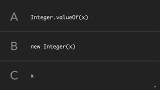 Integer.valueOf(x)
new Integer(x)
x
A
B
C
03
 