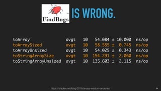 toArray avgt 10 54.084 ± 10.000 ns/op
toArraySized avgt 10 58.555 ± 0.745 ns/op
toArrayUnsized avgt 10 54.025 ± 0.343 ns/op
toStringArraySize avgt 10 154.291 ± 2.060 ns/op
toStringArrayUnsized avgt 10 135.603 ± 2.115 ns/op
IS WRONG.
https://shipilev.net/blog/2016/arrays-wisdom-ancients/ 04
 