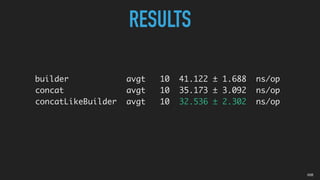 05B
RESULTS
builder avgt 10 41.122 ± 1.688 ns/op
concat avgt 10 35.173 ± 3.092 ns/op
concatLikeBuilder avgt 10 32.536 ± 2.302 ns/op
 