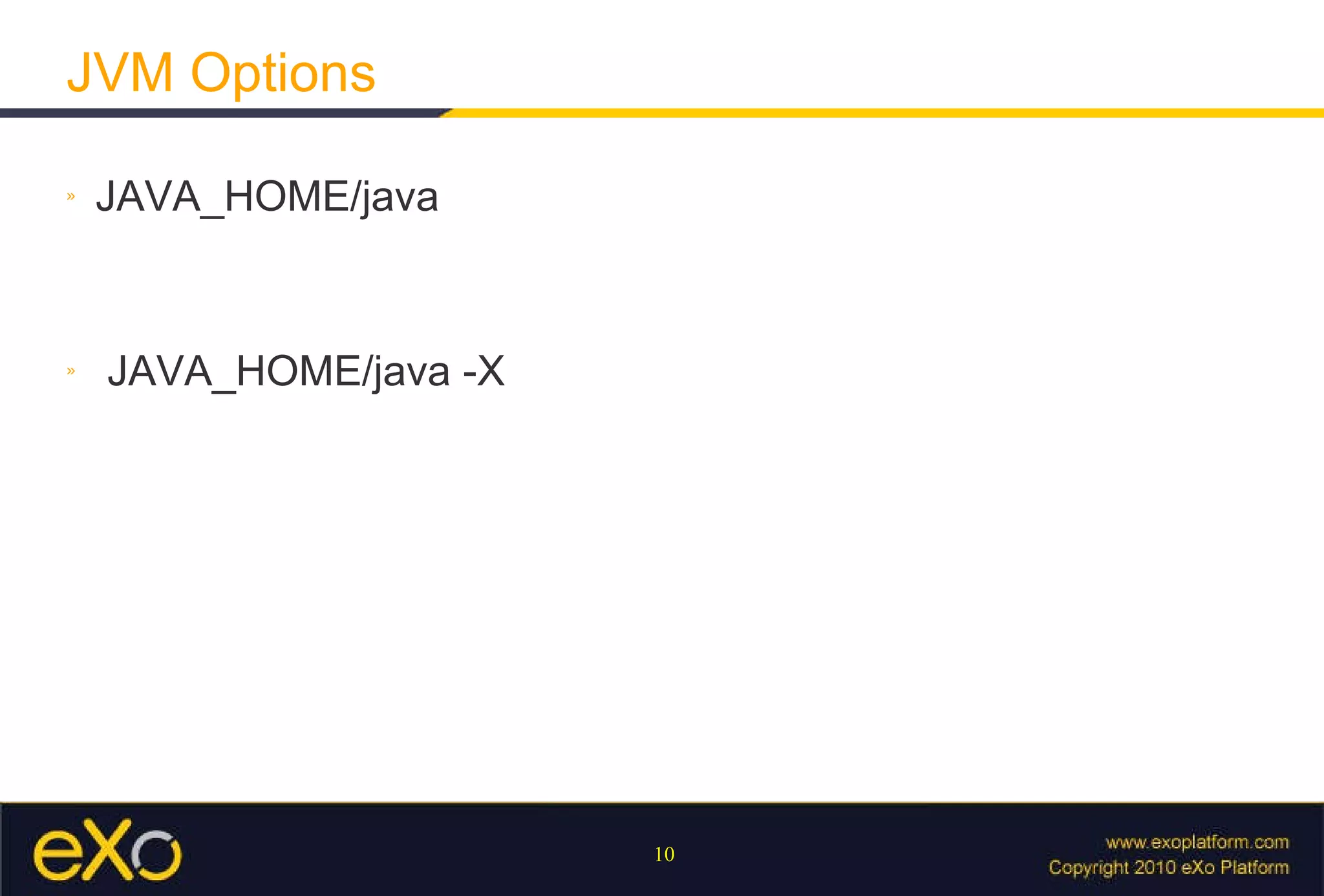 JVM Options JAVA_HOME/java JAVA_HOME/java -X   