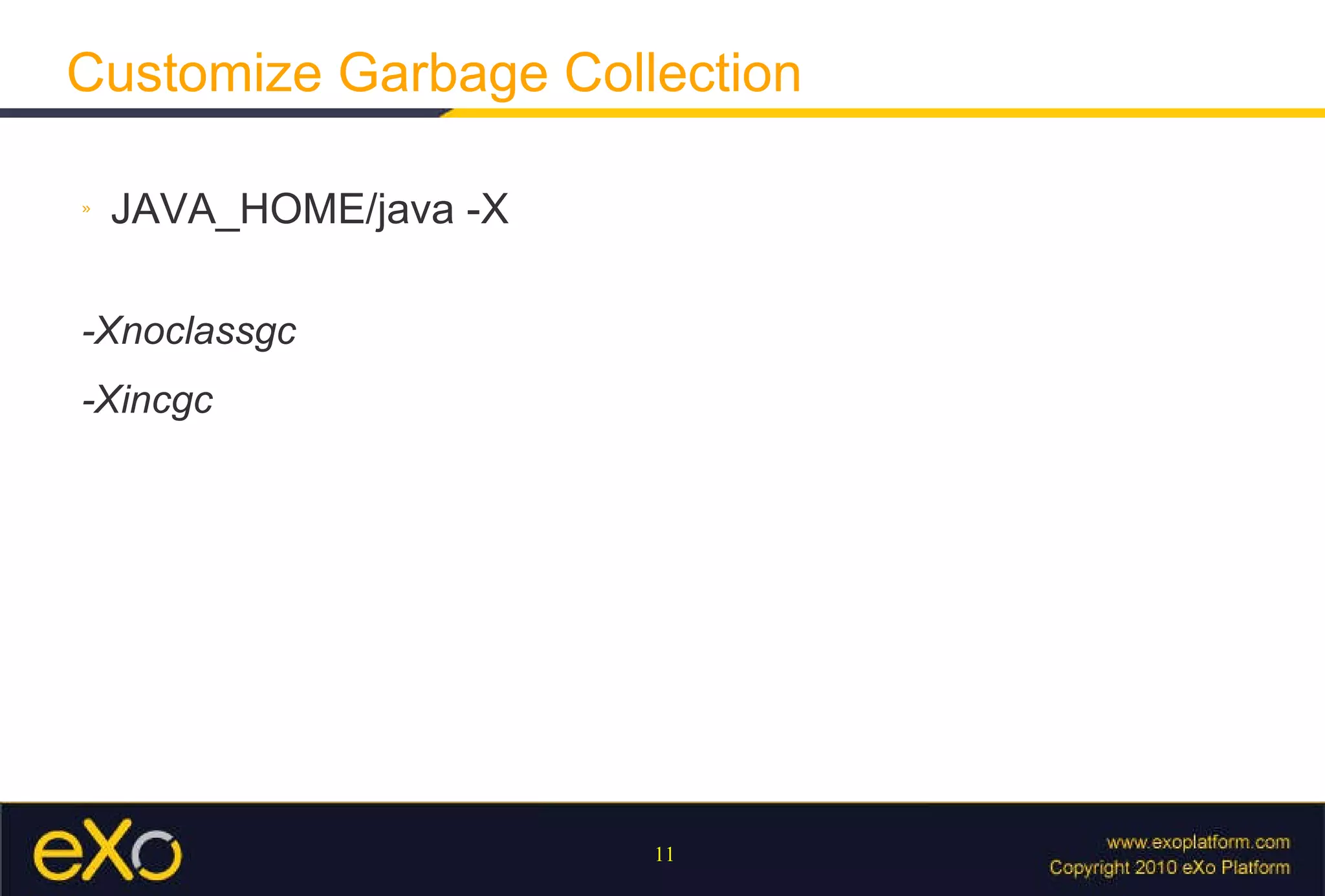 Customize Garbage Collection JAVA_HOME/java -X   -Xnoclassgc -Xincgc 