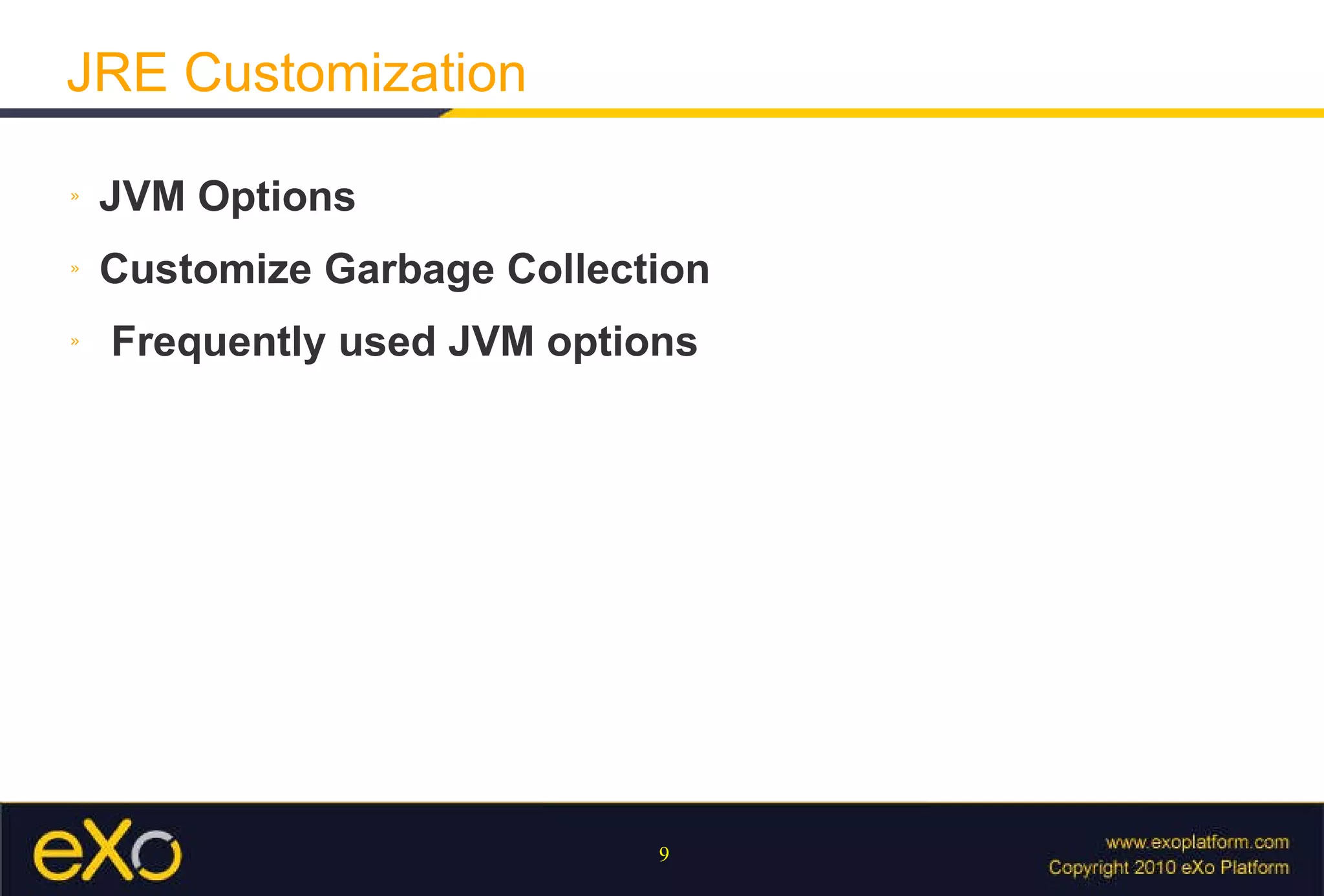 JRE Customization JVM Options Customize Garbage Collection Frequently used JVM options 