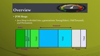 Overview
• JVM Heap:
• Java Heap is divided into 3 generations: Young(Eden), Old(Tenured),
and Permanent.
 