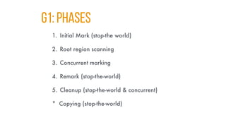 g1: PHASES
1. Initial Mark (stop-the world)
2. Root region scanning
3. Concurrent marking
4. Remark (stop-the-world)
5. Cleanup (stop-the-world & concurrent)
* Copying (stop-the-world)
 