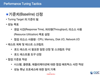 11
- Internal Use Only -
Performance Tuning Tactics
기준치(Baseline) 산정
• Tuning Target 의 기준이 됨
• 성능 목표
• 응답 시간(Response Time), 처리량(Throughput), 리소스 사용
(Resource Utilization) 목표 설정
• 점검 리소스 사용량 : CPU, Memory, Disk I/O, Network I/O
• 테스트 계획 및 테스트 스크립트
• 로드 테스트 시 필요한 일정 산정 및 스크립트 구성
• 로드 테스트용 도구 선정
• 점검 기준표 작성
• 시스템, 플랫폼, 애플리케이션에 대한 점검 매트릭스 사전 작성
• 성능 튜닝 프로세스에 대한 일지 기록
 