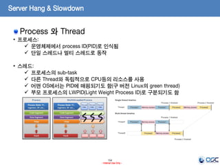 154
- Internal Use Only -
Server Hang & Slowdown
Process 와 Thread
• 프로세스:
 운영체제에서 process ID(PID)로 인식됨
 단일 스레드나 멀티 스레드로 동작
• 스레드:
 프로세스의 sub-task
 다른 Thread와 독립적으로 CPU등의 리소스를 사용
 어떤 OS에서는 PID에 매핑되기도 함(구 버전 Linux의 green thread)
 부모 프로세스의 LWPID(Light Weight Process ID)로 구분되기도 함
 