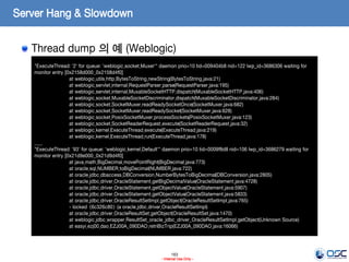 163
- Internal Use Only -
Server Hang & Slowdown
Thread dump 의 예 (Weblogic)
"ExecuteThread: '2' for queue: 'weblogic.socket.Muxer'" daemon prio=10 tid=009404b8 nid=122 lwp_id=3686306 waiting for
monitor entry [0x2158d000..0x2158d4f0]
at weblogic.utils.http.BytesToString.newString(BytesToString.java:21)
at weblogic.servlet.internal.RequestParser.parse(RequestParser.java:195)
at weblogic.servlet.internal.MuxableSocketHTTP.dispatch(MuxableSocketHTTP.java:406)
at weblogic.socket.MuxableSocketDiscriminator.dispatch(MuxableSocketDiscriminator.java:284)
at weblogic.socket.SocketMuxer.readReadySocketOnce(SocketMuxer.java:682)
at weblogic.socket.SocketMuxer.readReadySocket(SocketMuxer.java:628)
at weblogic.socket.PosixSocketMuxer.processSockets(PosixSocketMuxer.java:123)
at weblogic.socket.SocketReaderRequest.execute(SocketReaderRequest.java:32)
at weblogic.kernel.ExecuteThread.execute(ExecuteThread.java:219)
at weblogic.kernel.ExecuteThread.run(ExecuteThread.java:178)
......
"ExecuteThread: '93' for queue: 'weblogic.kernel.Default'" daemon prio=10 tid=0009f8d8 nid=106 lwp_id=3686279 waiting for
monitor entry [0x21d9e000..0x21d9d4f0]
at java.math.BigDecimal.movePointRight(BigDecimal.java:773)
at oracle.sql.NUMBER.toBigDecimal(NUMBER.java:722)
at oracle.jdbc.dbaccess.DBConversion.NumberBytesToBigDecimal(DBConversion.java:2805)
at oracle.jdbc.driver.OracleStatement.getBigDecimalValue(OracleStatement.java:4728)
at oracle.jdbc.driver.OracleStatement.getObjectValue(OracleStatement.java:5907)
at oracle.jdbc.driver.OracleStatement.getObjectValue(OracleStatement.java:5833)
at oracle.jdbc.driver.OracleResultSetImpl.getObject(OracleResultSetImpl.java:765)
- locked <6c326c80> (a oracle.jdbc.driver.OracleResultSetImpl)
at oracle.jdbc.driver.OracleResultSet.getObject(OracleResultSet.java:1470)
at weblogic.jdbc.wrapper.ResultSet_oracle_jdbc_driver_OracleResultSetImpl.getObject(Unknown Source)
at easyi.ezj00.dao.EZJ00A_090DAO.retriBizTrip(EZJ00A_090DAO.java:16066)
 