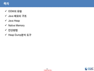 175
- Internal Use Only -
목차
 OOM의 유형
 Java 메모리 구조
 Java Heap
 Native Memory
 진단방법
 Heap Dump분석 도구
 