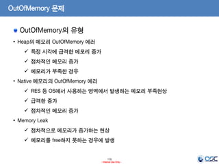 176
- Internal Use Only -
OutOfMemory 문제
OutOfMemory의 유형
• Heap의 메모리 OutOfMemory 에러
 특정 시각에 급격한 메모리 증가
 점차적인 메모리 증가
 메모리가 부족한 경우
• Native 메모리의 OutOfMemory 에러
 RES 등 OS에서 사용하는 영역에서 발생하는 메모리 부족현상
 급격한 증가
 점차적인 메모리 증가
• Memory Leak
 점차적으로 메모리가 증가하는 현상
 메모리를 free하지 못하는 경우에 발생
 
