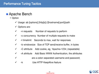 20
- Internal Use Only -
Performance Tuning Tactics
Apache Bench
• Option
 Usage: ab [options] [http[s]://]hostname[:port]/path
 Options are:
 -n requests Number of requests to perform
 -c concurrency Number of multiple requests to make
 -t timelimit Seconds to max. wait for responses
 -b windowsize Size of TCP send/receive buffer, in bytes
 -C attribute Add cookie, eg. 'Apache=1234. (repeatable)
 -A attribute Add Basic WWW Authentication, the attributes
 are a colon separated username and password.
 -k Use HTTP KeepAlive feature
 