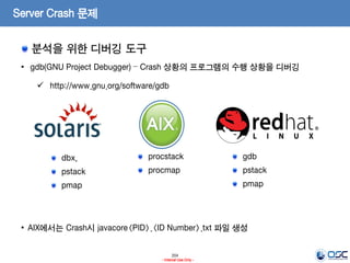 204
- Internal Use Only -
Server Crash 문제
분석을 위한 디버깅 도구
• gdb(GNU Project Debugger) – Crash 상황의 프로그램의 수행 상황을 디버깅
 http://www.gnu.org/software/gdb
• AIX에서는 Crash시 javacore<PID>.<ID Number>.txt 파일 생성
dbx,
pstack
pmap
procstack
procmap
gdb
pstack
pmap
 