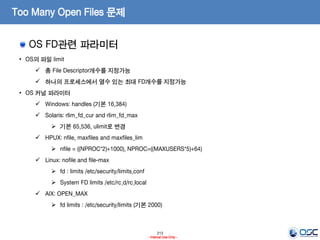 213
- Internal Use Only -
Too Many Open Files 문제
OS FD관련 파라미터
• OS의 파일 limit
 총 File Descriptor개수를 지정가능
 하나의 프로세스에서 열수 있는 최대 FD개수를 지정가능
• OS 커널 파라미터
 Windows: handles (기본 16,384)
 Solaris: rlim_fd_cur and rlim_fd_max
 기본 65,536, ulimit로 변경
 HPUX: nfile, maxfiles and maxfiles_lim
 nfile = ((NPROC*2)+1000), NPROC=((MAXUSERS*5)+64)
 Linux: nofile and file-max
 fd : limits /etc/security/limits.conf
 System FD limits /etc/rc.d/rc.local
 AIX: OPEN_MAX
 fd limits : /etc/security/limits (기본 2000)
 