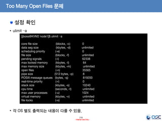 218
- Internal Use Only -
Too Many Open Files 문제
설정 확인
• ulimit –a
• 각 OS 별도 출력되는 내용이 다를 수 있음.
[jboss@KVM2 node1]$ ulimit –a
core file size (blocks, -c) 0
data seg size (kbytes, -d) unlimited
scheduling priority (-e) 0
file size (blocks, -f) unlimited
pending signals (-i) 62338
max locked memory (kbytes, -l) 64
max memory size (kbytes, -m) unlimited
open files (-n) 35565
pipe size (512 bytes, -p) 8
POSIX message queues (bytes, -q) 819200
real-time priority (-r) 0
stack size (kbytes, -s) 10240
cpu time (seconds, -t) unlimited
max user processes (-u) 1024
virtual memory (kbytes, -v) unlimited
file locks (-x) unlimited
 