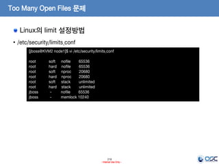 219
- Internal Use Only -
Too Many Open Files 문제
Linux의 limit 설정방법
• /etc/security/limits.conf
[jboss@KVM2 node1]$ vi /etc/security/limits.conf
root soft nofile 65536
root hard nofile 65536
root soft nproc 20680
root hard nproc 20680
root soft stack unlimited
root hard stack unlimited
jboss - nofile 65536
jboss - memlock 10240
 