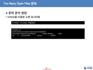 222
- Internal Use Only -
Too Many Open Files 문제
문제 분석 방법
• netstat을 이용한 소켓 모니터링
$ netstat –na | grep <사용포트>
$ netstat –na
Active Internet connections (servers and established)
Proto Recv-Q Send-Q Local Address Foreign Address State
tcp 0 0 0.0.0.0:4544 0.0.0.0:* LISTEN
……
 