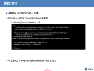 234
- Internal Use Only -
JDBC 문제
JDBC Connection Leak
• JBoss에서 JDBC Connection Leak 디버깅
 deploy/jbossjca-service.xml
• WLS에서는 ConnLeakProfilingEnabled=true로 설정
<!--
| The CachedConnectionManager is used partly to relay started UserTransactions to
| open connections so they may be enrolled in the new tx.
-->
<mbean code="org.jboss.resource.connectionmanager.CachedConnectionManager"
name="jboss.jca:service=CachedConnectionManager">
<depends optional-attribute-
name="TransactionManagerServiceName">jboss:service=TransactionManager</depends>
<!-- Enable connection close debug monitoring -->
<attribute name="Debug">true</attribute>
</mbean>
 