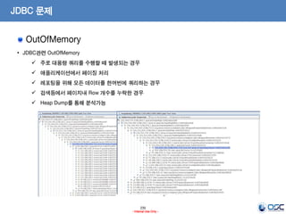 235
- Internal Use Only -
JDBC 문제
OutOfMemory
• JDBC관련 OutOfMemory
 주로 대용량 쿼리를 수행할 때 발생되는 경우
 애플리케이션에서 페이징 처리
 레포팅을 위해 모든 데이터를 한꺼번에 쿼리하는 경우
 검색등에서 페이지내 Row 개수를 누락한 경우
 Heap Dump를 통해 분석가능
 