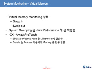 56
- Internal Use Only -
System Monitoring – Virtual Memory
• Virtual Memory Monitoring 항목
– Swap in
– Swap out
• System Swapping 은 Java Performance 에 큰 악영향
• -XX:+AlwaysPreTouch
– Linux 는 Process Page 를 Dynamic 하게 할당함.
– Solaris 는 Process 기동시에 Memory 를 전부 할당
 