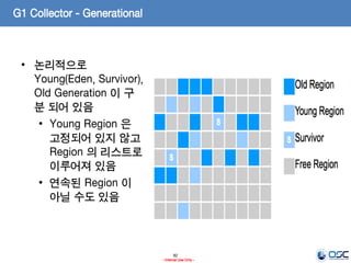 82
- Internal Use Only -
G1 Collector - Generational
• 논리적으로
Young(Eden, Survivor),
Old Generation 이 구
분 되어 있음
• Young Region 은
고정되어 있지 않고
Region 의 리스트로
이루어져 있음
• 연속된 Region 이
아닐 수도 있음
 