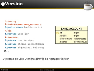 @Version



     1. @Entity
     2. @Table(name="BANK_ACCOUNT")
     3. public class BankAccount {
     4. @Id
     5. private Long id;
     6. @Version
     7. private Long version;
     8. private String accountName;
     9. private BigDecimal balance;
   10. }


  Utilização de Lock Otimista através da Anotação Version



7/10/2008                        Java Persistence API
 