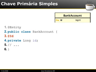 Chave Primária Simples




    1. @Entity
    2. public class BankAccount {
    3. @Id
    4. private Long id;
    5. // ...
    6. }




7/10/2008               Java Persistence API
 