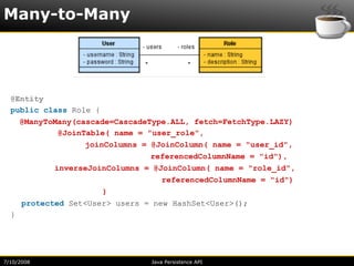 Many-to-Many




  @Entity
  public class Role {
    @ManyToMany(cascade=CascadeType.ALL, fetch=FetchType.LAZY)
            @JoinTable( name = "user_role",
                  joinColumns = @JoinColumn( name = "user_id",
                                referencedColumnName = "id"),
           inverseJoinColumns = @JoinColumn( name = "role_id",
                                  referencedColumnName = "id")
                      )
    protected Set<User> users = new HashSet<User>();
  }




7/10/2008                      Java Persistence API
 