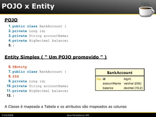 POJO x Entity
  POJO
     1.   public class BankAccount {
     2.   private Long id;
     3.   private String accountName;
     4.   private BigDecimal balance;
     5.   }


  Entity Simples ( “ Um POJO promovido ” )

    6.    @Entity
    7.    public class BankAccount {
    8.    @Id
    9.    private Long id;
   10.    private String accountName;
   11.    private BigDecimal balance;
   12.    }


  A Classe é mapeada a Tabela e os atributos são mapeados as colunas

7/10/2008                           Java Persistence API
 