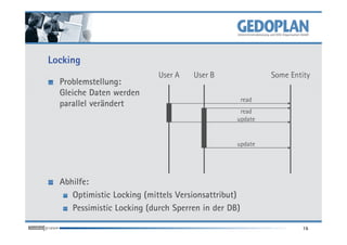 Locking
Problemstellung:
Gleiche Daten werden
parallel verändert
User A User B Some Entity
read
read
update
16
Abhilfe:
Optimistic Locking (mittels Versionsattribut)
Pessimistic Locking (durch Sperren in der DB)
update
update
 