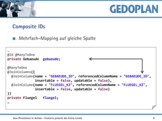 Composite IDs
Mehrfach-Mapping auf gleiche Spalte
…
@Id @ManyToOne
private Gebaeude gebaeude;
@ManyToOne
@JoinColumns({
@JoinColumn(name = "GEBAEUDE_ID", referencedColumnName = "GEBAEUDE_ID",
insertable = false, updatable = false),
@JoinColumn(name = "FLUEGEL_KZ", referencedColumnName = "FLUEGEL_KZ",
insertable = false, updatable = false)
})
private Fluegel fluegel;
…
Java Persistence in Action - Features jenseits des Entry-Levels 9
 