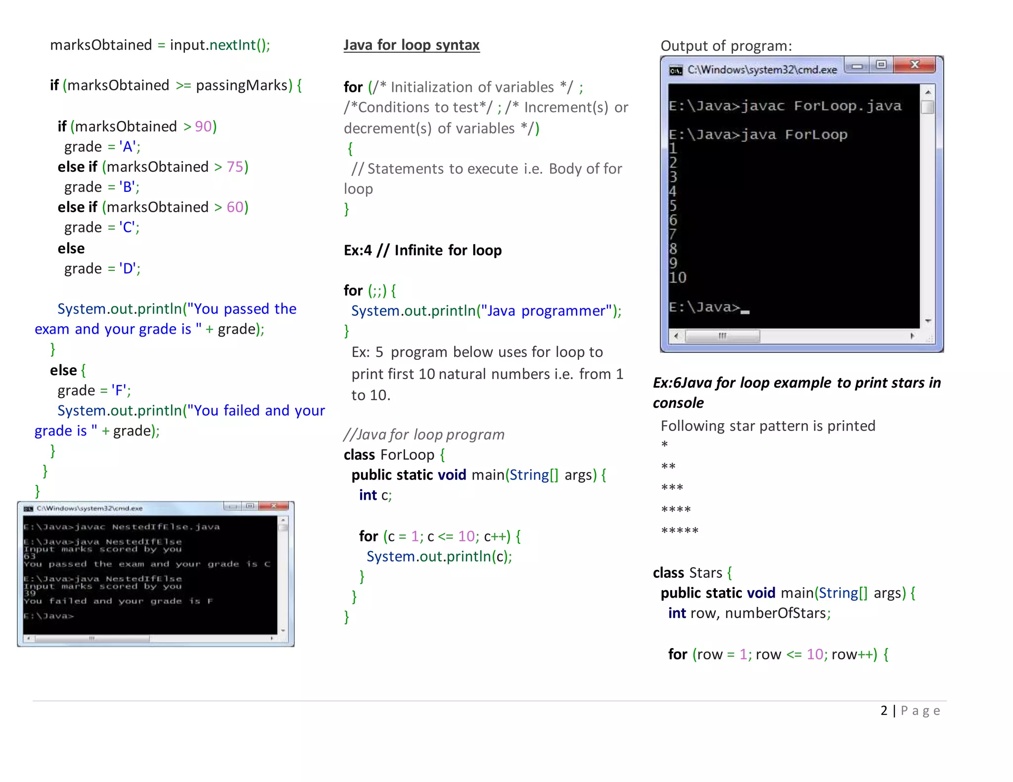 2 | P a g e
marksObtained = input.nextInt();
if (marksObtained >= passingMarks) {
if (marksObtained > 90)
grade = 'A';
else if (marksObtained > 75)
grade = 'B';
else if (marksObtained > 60)
grade = 'C';
else
grade = 'D';
System.out.println("You passed the
exam and your grade is " + grade);
}
else {
grade = 'F';
System.out.println("You failed and your
grade is " + grade);
}
}
}
Java for loop syntax
for (/* Initialization of variables */ ;
/*Conditions to test*/ ; /* Increment(s) or
decrement(s) of variables */)
{
// Statements to execute i.e. Body of for
loop
}
Ex:4 // Infinite for loop
for (;;) {
System.out.println("Java programmer");
}
Ex: 5 program below uses for loop to
print first 10 natural numbers i.e. from 1
to 10.
//Java for loop program
class ForLoop {
public static void main(String[] args) {
int c;
for (c = 1; c <= 10; c++) {
System.out.println(c);
}
}
}
Output of program:
Ex:6Java for loop example to print stars in
console
Following star pattern is printed
*
**
***
****
*****
class Stars {
public static void main(String[] args) {
int row, numberOfStars;
for (row = 1; row <= 10; row++) {
 