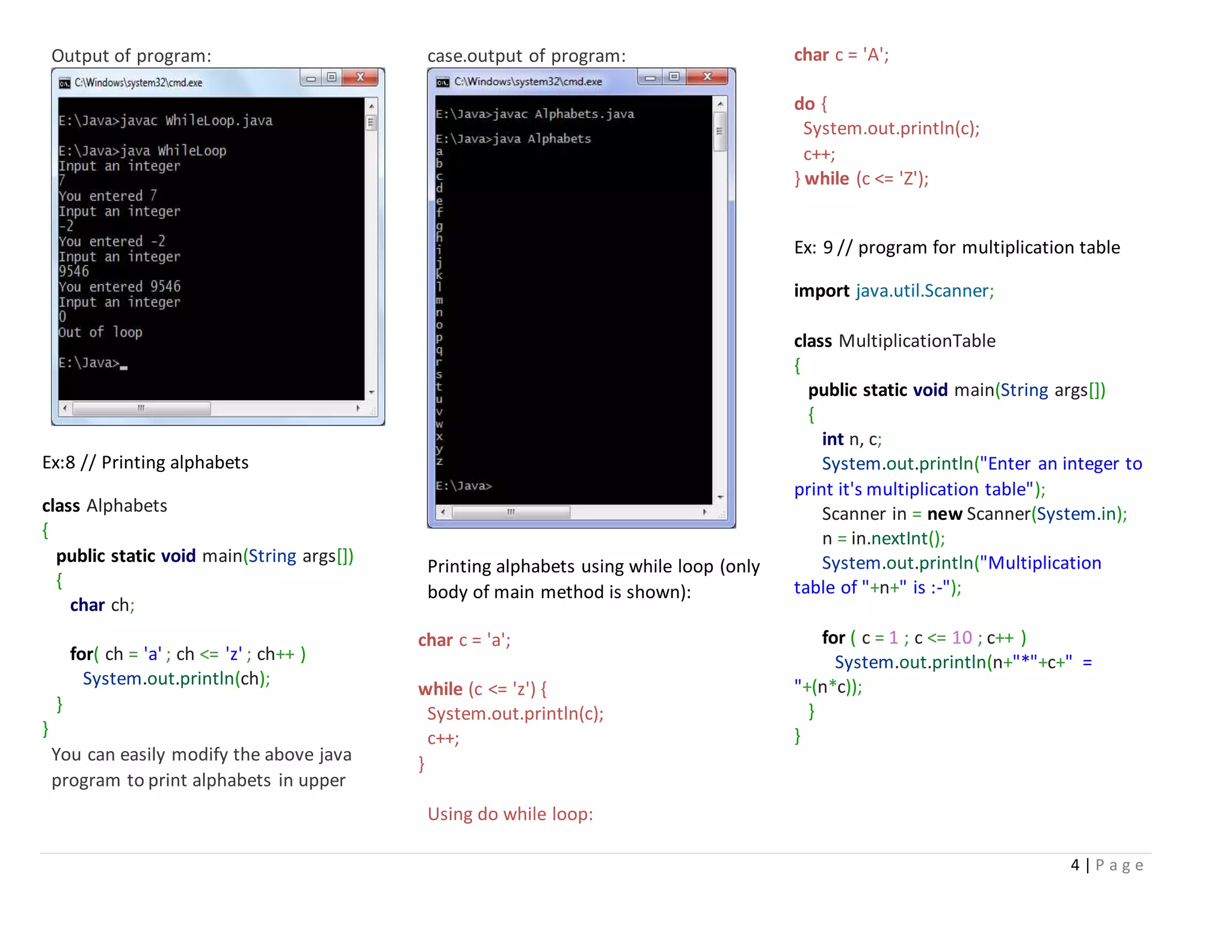 4 | P a g e
Output of program:
Ex:8 // Printing alphabets
class Alphabets
{
public static void main(String args[])
{
char ch;
for( ch = 'a' ; ch <= 'z' ; ch++ )
System.out.println(ch);
}
}
You can easily modify the above java
program to print alphabets in upper
case.output of program:
Printing alphabets using while loop (only
body of main method is shown):
char c = 'a';
while (c <= 'z') {
System.out.println(c);
c++;
}
Using do while loop:
char c = 'A';
do {
System.out.println(c);
c++;
} while (c <= 'Z');
Ex: 9 // program for multiplication table
import java.util.Scanner;
class MultiplicationTable
{
public static void main(String args[])
{
int n, c;
System.out.println("Enter an integer to
print it's multiplication table");
Scanner in = new Scanner(System.in);
n = in.nextInt();
System.out.println("Multiplication
table of "+n+" is :-");
for ( c = 1 ; c <= 10 ; c++ )
System.out.println(n+"*"+c+" =
"+(n*c));
}
}
 