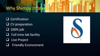 Why Shimpy Infotech
 Certification
 CV preparation
 100% job
 Full time lab facility
 Live Project
 Friendly Environment
 