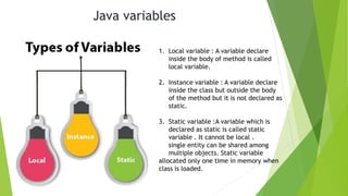 Java variables
1. Local variable : A variable declare
inside the body of method is called
local variable.
2. Instance variable : A variable declare
inside the class but outside the body
of the method but it is not declared as
static.
3. Static variable :A variable which is
declared as static is called static
variable . It cannot be local .
single entity can be shared among
multiple objects. Static variable
allocated only one time in memory when
class is loaded.
 
