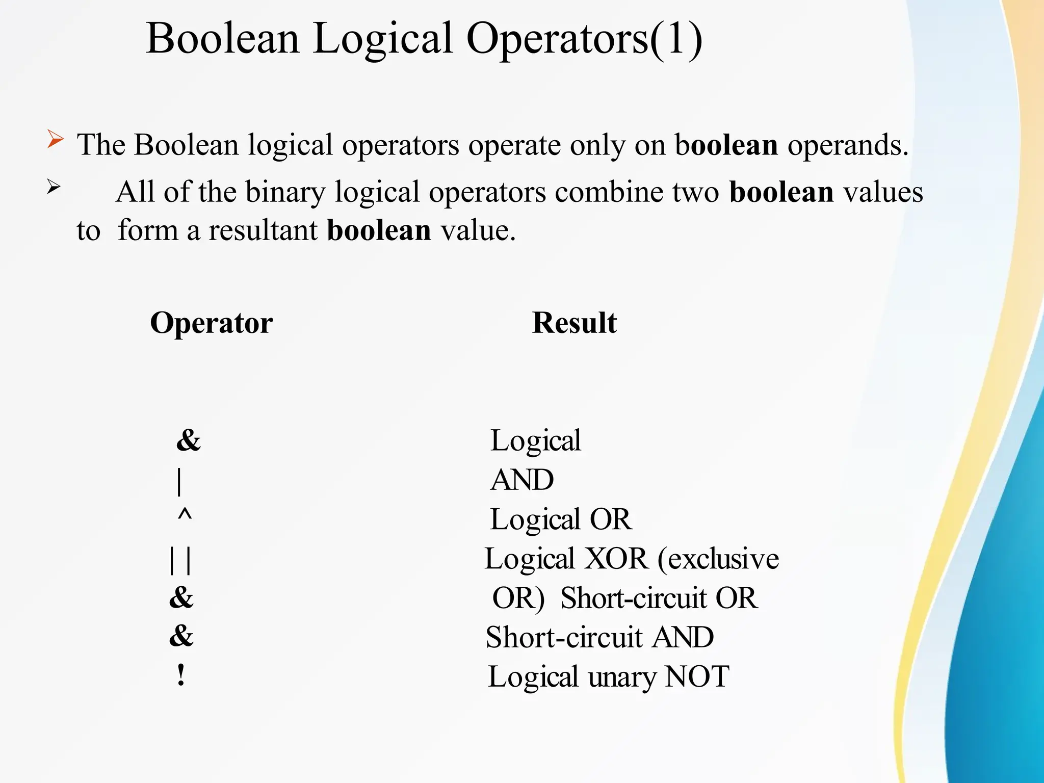 Boolean Logical Operators(1)
 The Boolean logical operators operate only on boolean operands.
 All of the binary logical operators combine two boolean values
to form a resultant boolean value.
Operator Result
&
|
^
| |
&
&
!
Logical
AND
Logical OR
Logical XOR (exclusive
OR) Short-circuit OR
Short-circuit AND
Logical unary NOT
 