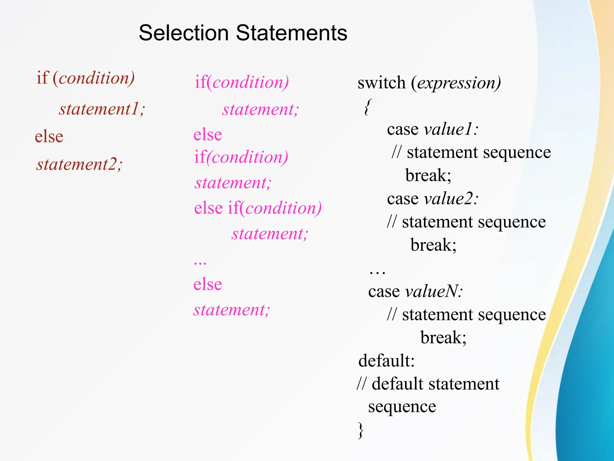 Selection Statements
if (condition)
statement1;
else
statement2;
if(condition)
statement;
else
if(condition)
statement;
else if(condition)
statement;
...
else
statement;
switch (expression)
{
case value1:
// statement sequence
break;
case value2:
// statement sequence
break;
…
case valueN:
// statement sequence
break;
default:
// default statement
sequence
}
 
