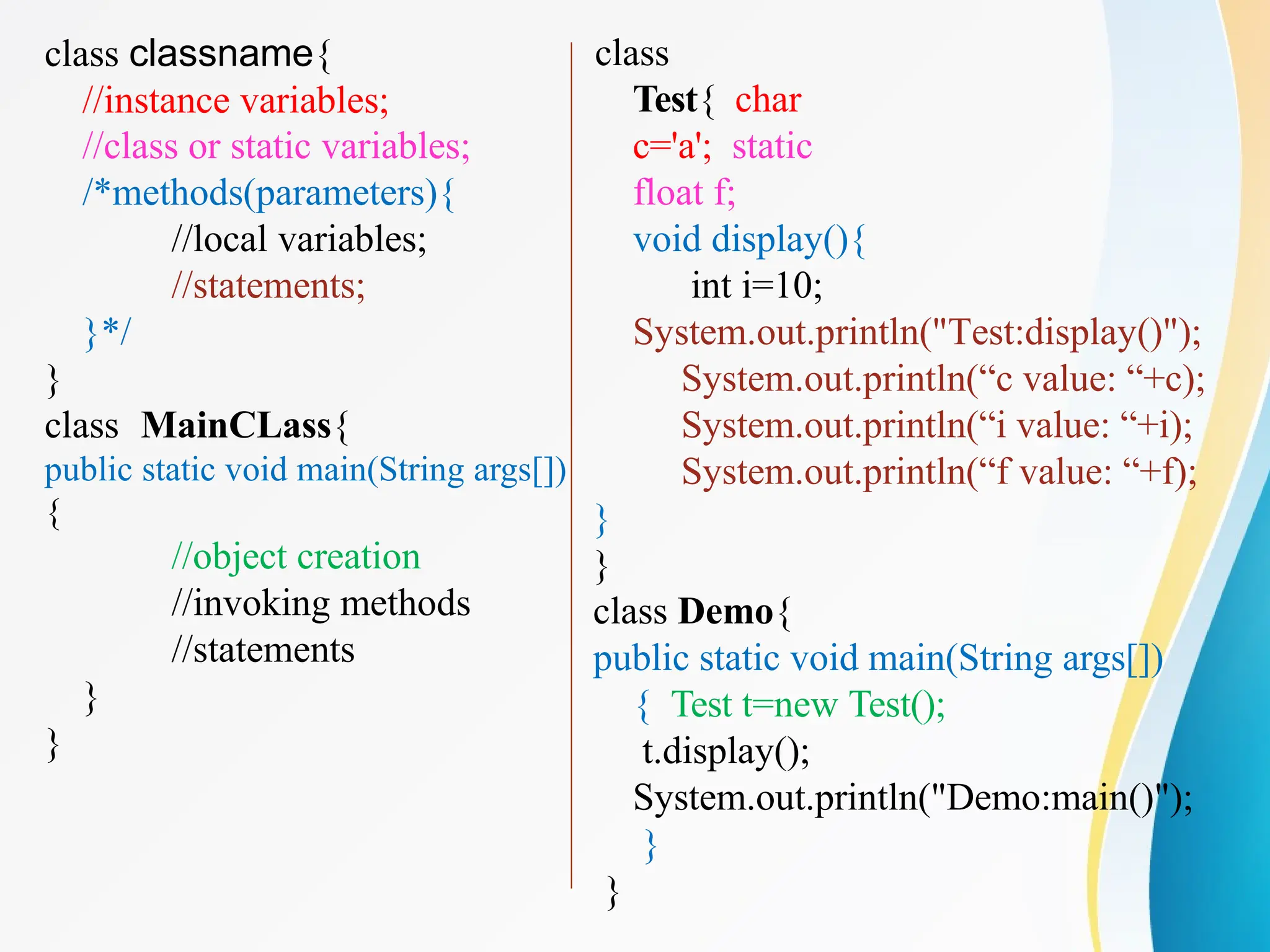 class classname{
//instance variables;
//class or static variables;
/*methods(parameters){
//local variables;
//statements;
}*/
}
class MainCLass{
public static void main(String args[])
{
//object creation
//invoking methods
//statements
}
}
class
Test{ char
c='a'; static
float f;
void display(){
int i=10;
System.out.println("Test:display()");
System.out.println(“c value: “+c);
System.out.println(“i value: “+i);
System.out.println(“f value: “+f);
}
}
class Demo{
public static void main(String args[])
{ Test t=new Test();
t.display();
System.out.println("Demo:main()");
}
}
 