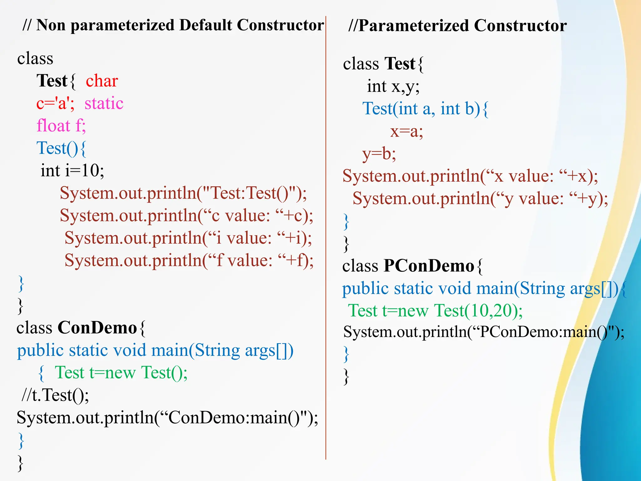class Test{
int x,y;
Test(int a, int b){
x=a;
y=b;
System.out.println(“x value: “+x);
System.out.println(“y value: “+y);
}
}
class PConDemo{
public static void main(String args[]){
Test t=new Test(10,20);
System.out.println(“PConDemo:main()");
}
}
//Parameterized Constructor
// Non parameterized Default Constructor
class
Test{ char
c='a'; static
float f;
Test(){
int i=10;
System.out.println("Test:Test()");
System.out.println(“c value: “+c);
System.out.println(“i value: “+i);
System.out.println(“f value: “+f);
}
}
class ConDemo{
public static void main(String args[])
{ Test t=new Test();
//t.Test();
System.out.println(“ConDemo:main()");
}
}
 