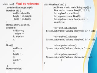 class Box{ //call by reference
double width,height,depth;
Box(Box ob) {
width = ob.width;
height = ob.height;
depth = ob.depth;
}
Box(double w, double h,
double d){
width = w;
height =
h; depth =
d;
}
Box(){
width = -
1;
height = -
1;
depth = -
1;
}
Box(double len)
{
class OverloadCons2 {
public static void main(String args[]) {
Box mybox1 = new Box(10, 20, 15);
Box mybox2 = new Box();
Box mycube = new Box(7);
Box myclone = new Box(mybox1);
double vol;
vol = mybox1.volume();
System.out.println("Volume of mybox1 is " + vol);
vol = mybox2.volume();
System.out.println("Volume of mybox2 is " + vol);
vol = mycube.volume();
System.out.println("Volume of cube is " + vol);
vol = myclone.volume();
System.out.println("Volume of clone is " + vol);
}
}
 