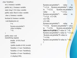 class Variables{
int i;//instance variable
public int j ;//instance variable
static long l=10;//class variable
public static float f;//class variable
char c;//instance variable
boolean b;//instance variable
void display(int a){
i=a;
System.out.println("i
value in display:
"+i);
}
public static void
main(String args[]){
double d=0.0;//local
varible
//public double d=0.0; invalid
Variables v1=new Variables();
Variables v2=new Variables();
Variables v3=new Variables();
v1.display(100);
System.out.println("i value is:
"+v1.i); System.out.println("i value
is: "+v2.i); System.out.println("i
value is: "+v3.i);
System.out.println("i value is:
"+v1.j); v1.l=20;
v2.l=30;
v3.l=40;
System.out.println("l value is:
"+v1.l); System.out.println("l value
is: "+v2.l); System.out.println("l
value is: "+v3.l);
System.out.println("f value is: "+f);
System.out.println("c value is: "+v1.c);
System.out.println("b value is:
"+v1.b);
System.out.println("d value is: "+d);
}
}
 